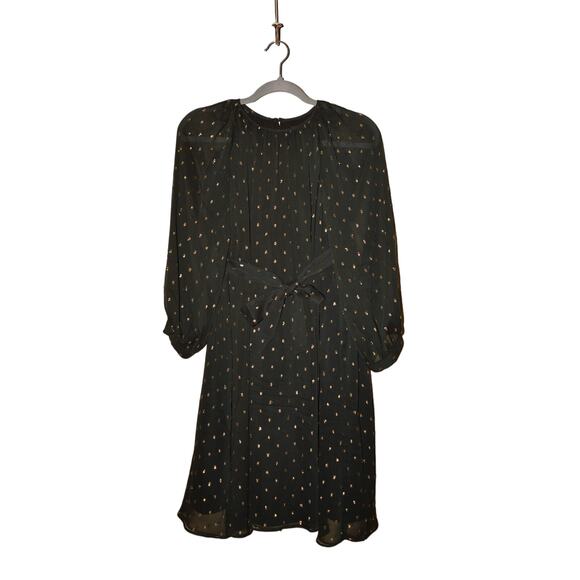 ANN‎ TAYLOR NEW $149 Metallic Clip Belted Flare Dress Black Gold Medium - Picture 1 of 3